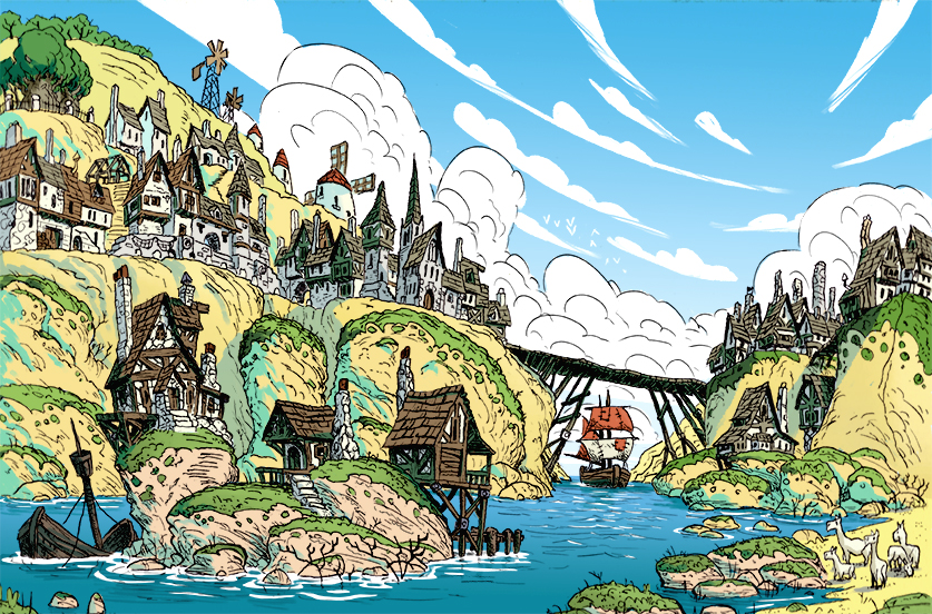 ink drawing with digital colours of a village overlooking a harbour by Matt Walker art